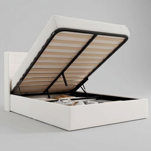 Queen velvet wingback bed frame with hydraulic lift storage compartment in white
