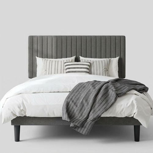Queen linen adjustable headboard bed frame in beige, vertical channel tufted