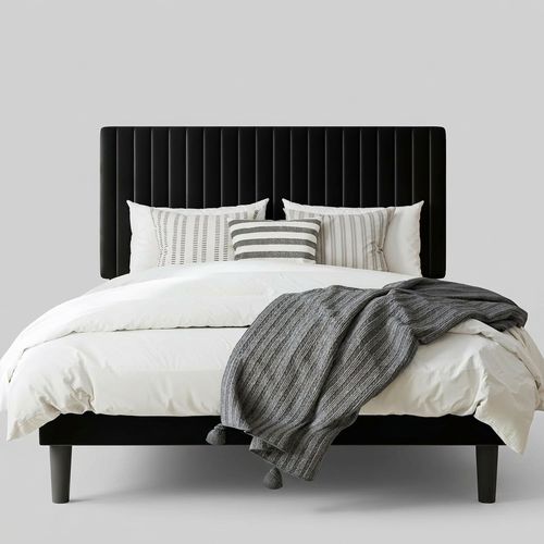 Queen velvet adjustable headboard bed frame in black, vertical channel tufted