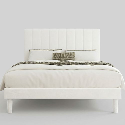Full velvet adjustable headboard bed frame in white, vertical channel tufted