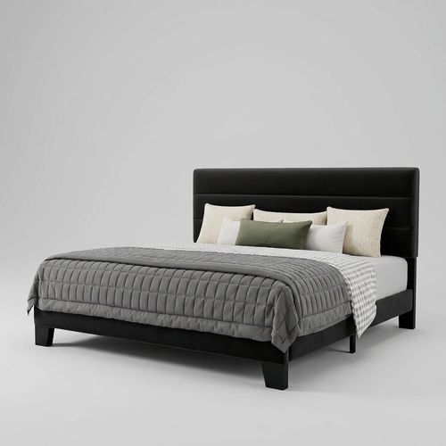 Queen velvet wide-deck bed frame in black with horizontal channel tufted headboard