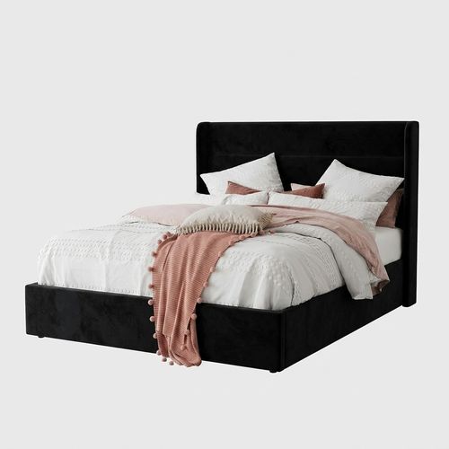 Full velvet wingback bed frame in white with horizontal channel tufted headboard