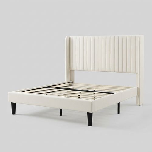 Queen velvet wingback bed frame in white with vertical channel tufted headboard