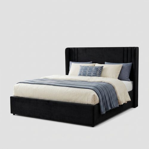 Full velvet wingback bed frame in white, vertical channel tufted headboard