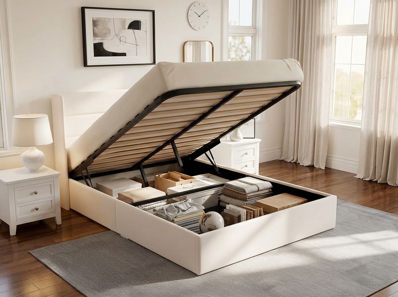 Lifted queen platform bed showing 800-liter storage cavity with neat stacked bedding, white velvet wingback above