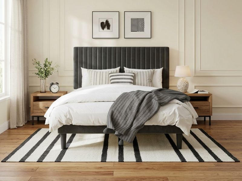 Tight crop on steel rail joint showing powder-coat finish and slat-cross brace junction on velvet bed frame