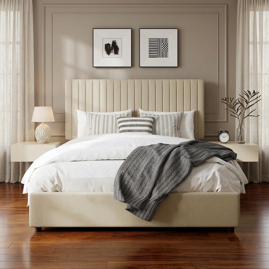 Beige linen adjustable Queen bed in a daylight bedroom showing color rendering