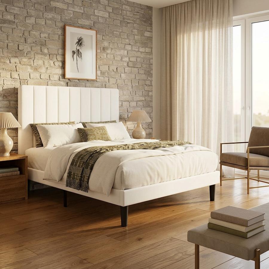 White velvet adjustable Full bed frame in a first-apartment bedroom