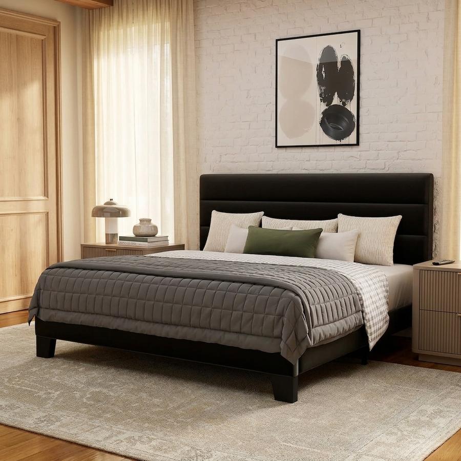 Black velvet wide-deck Queen with horizontal channel tufted headboard