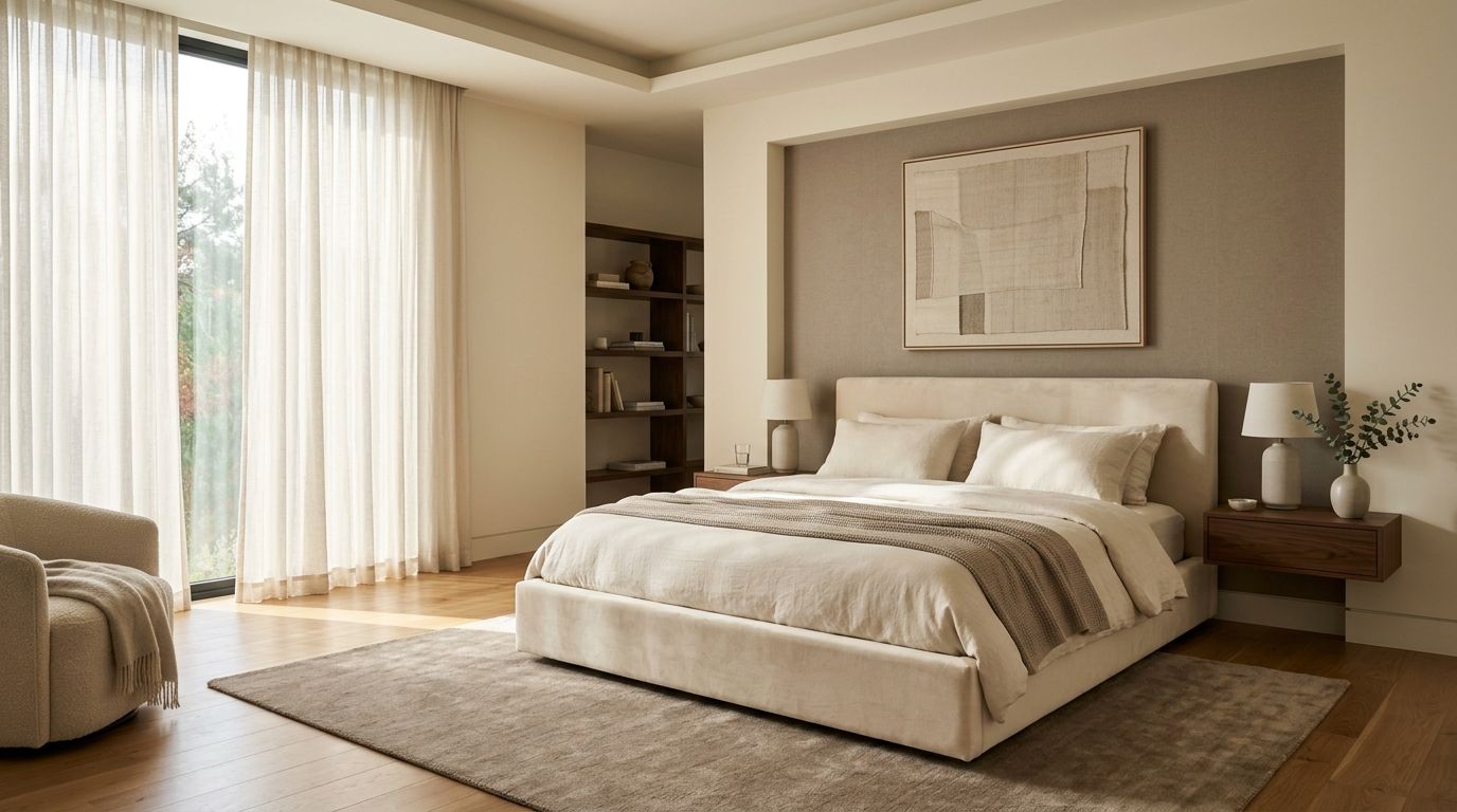 Modern bedroom interior with upholstered velvet platform bed frame, soft morning light through linen curtains